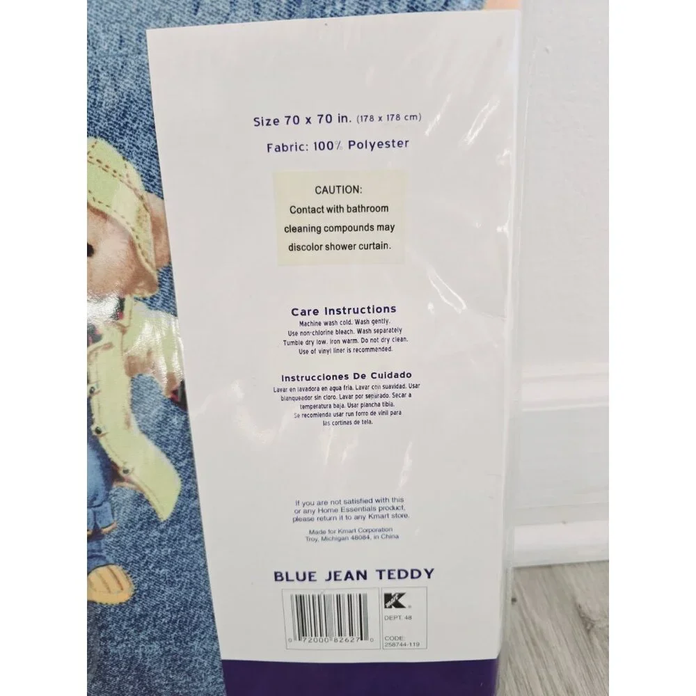 Home Essentials Blue Jean Teddy Bear Fabric Vintage 90s Shower Curtain Polyester
